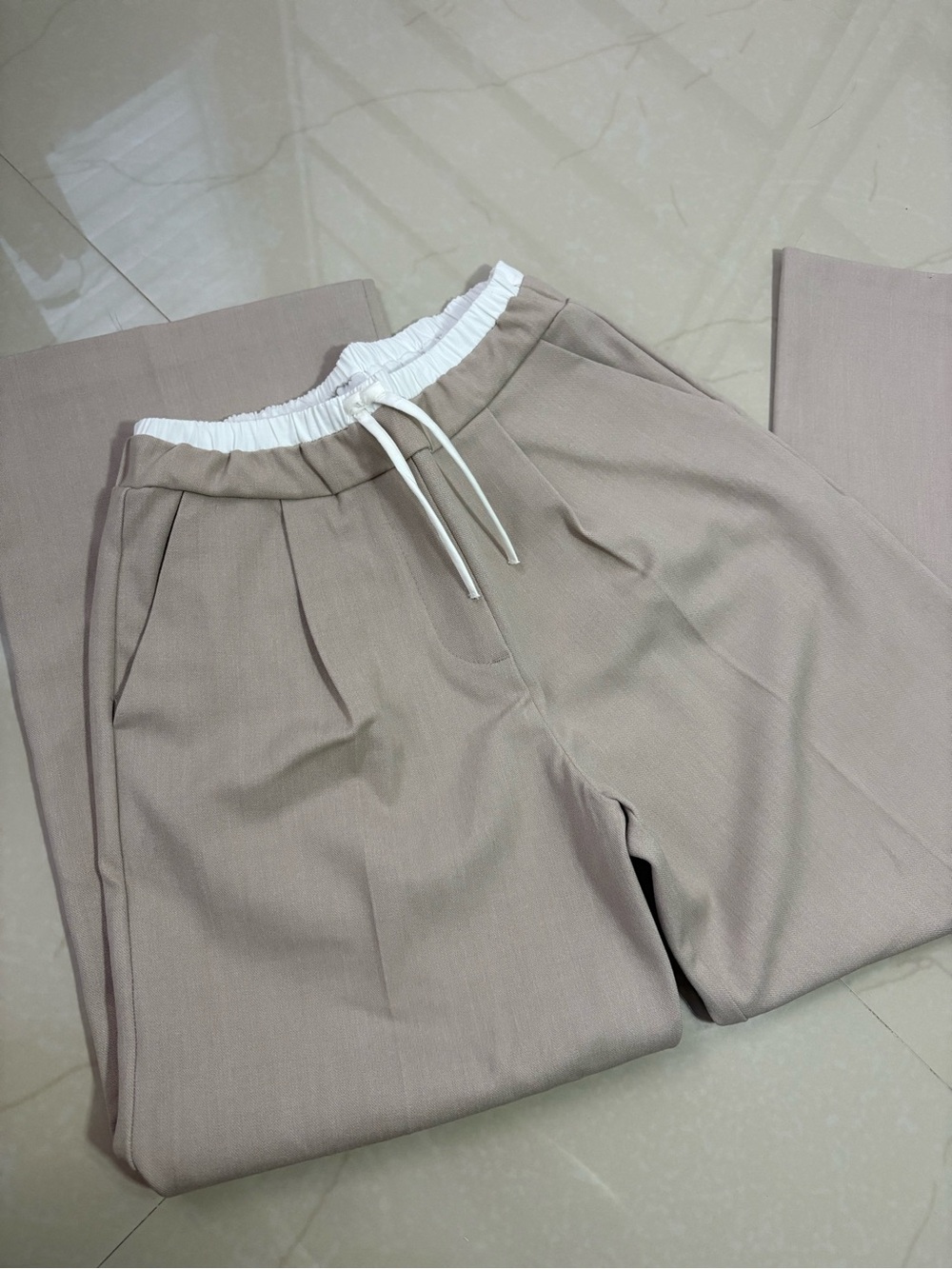 Zara girls Drawstring Pleated Pants- Light Beige with White Waistband